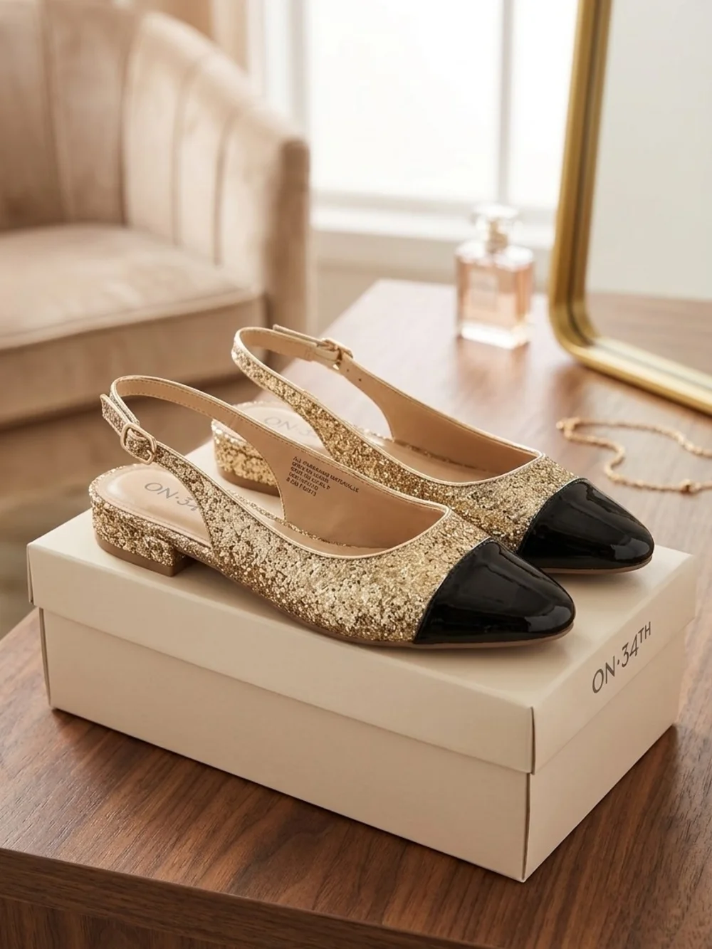 ON 34TH Gold Glitter Slingback Flats with Black Cap Toe